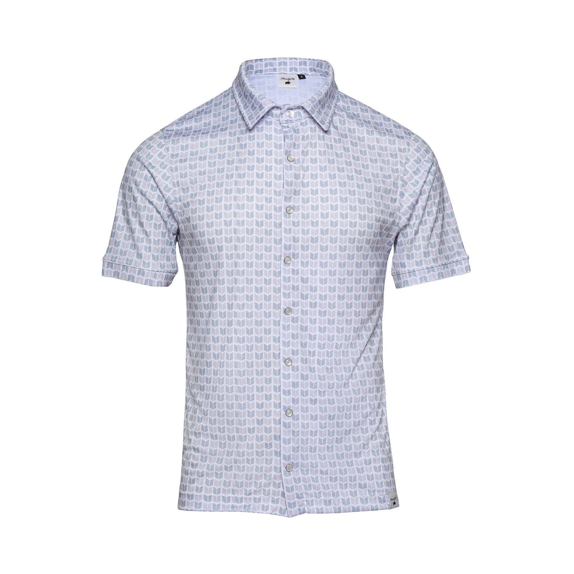 Men's button-down shirt from Howdy-Ho, named 'Arctic Sky Arrows.' Features a distinctive pattern of rhythmic arrows in various shades of grey, creating a serene and modern twist on traditional Western design. Tailored for a blend of sharp style and comfort, ideal for the fashion-conscious man.