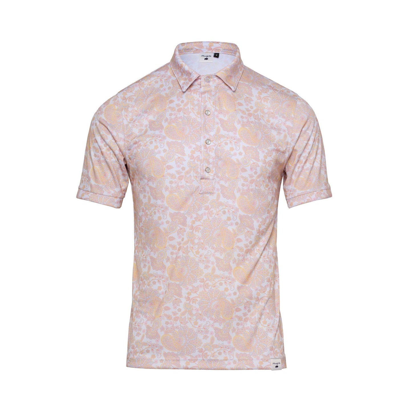 This HowdyHo short-sleeved shirt boasts a bold Sunshine Paisley print, with a robust paisley pattern in a masculine palette of golden yellows and tans. Crafted with a structured collar and practical button-up design, the shirt conveys a strong, yet refined style, presented against a crisp white background for the discerning gentleman's wardrobe.