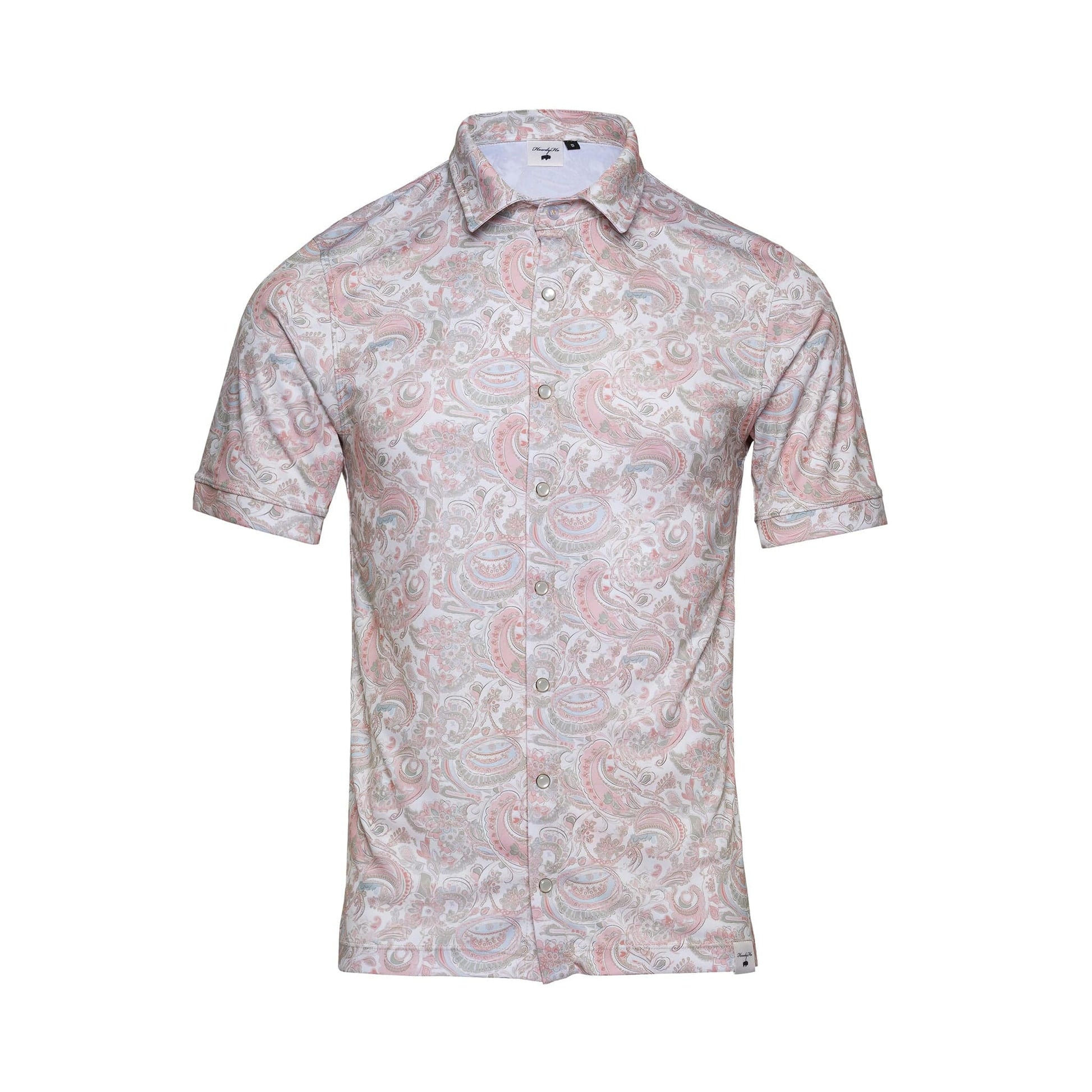This is a product image of the 'Green Love Paisley' shirt available on howdy-ho.com. The short-sleeved shirt boasts an intricate paisley pattern in soft shades of green and pink on a light background. It features a classic collar and a full-length button placket. The shirt is displayed on a ghost mannequin to accentuate the tailored fit and fine detail of the pattern, perfect for online shoppers looking for a sophisticated and trendy wardrobe addition.