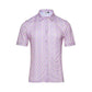 The HowdyHo Rose Quetzal shirt, showcased on a white background, presents a light pink base adorned with unique green and white diamond patterns. This short-sleeved, button-up shirt features a crisp pointed collar and a single pocket, offering a blend of classic style and modern charm.