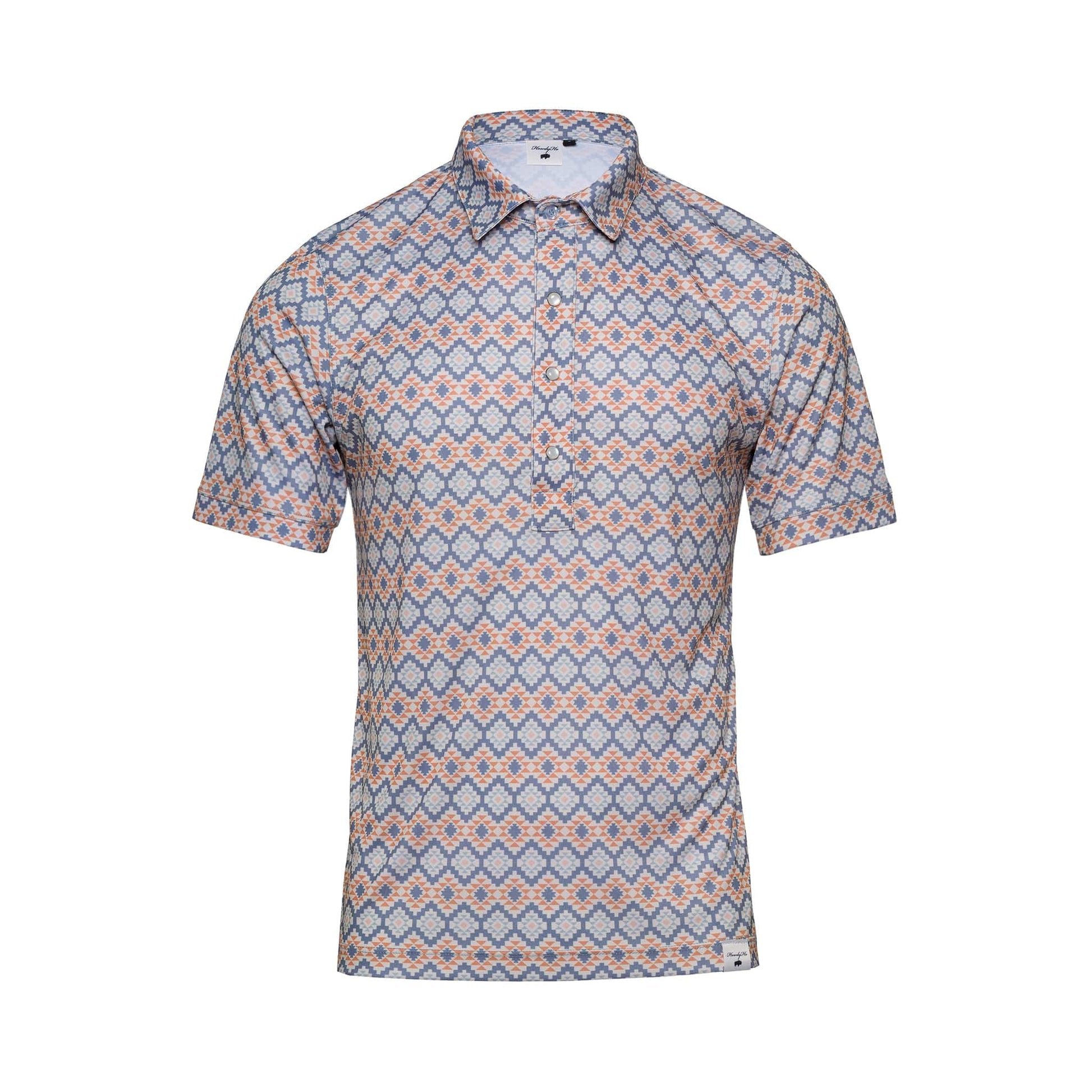 This is the HowdyHo Aztec Twilight shirt, featuring a sophisticated geometric pattern in shades of blue and orange. The shirt has short sleeves, a sharp collar, and a front button placket. Its intricate print and tailored fit make it a versatile addition to a contemporary wardrobe, ideal for both casual and smart-casual settings.