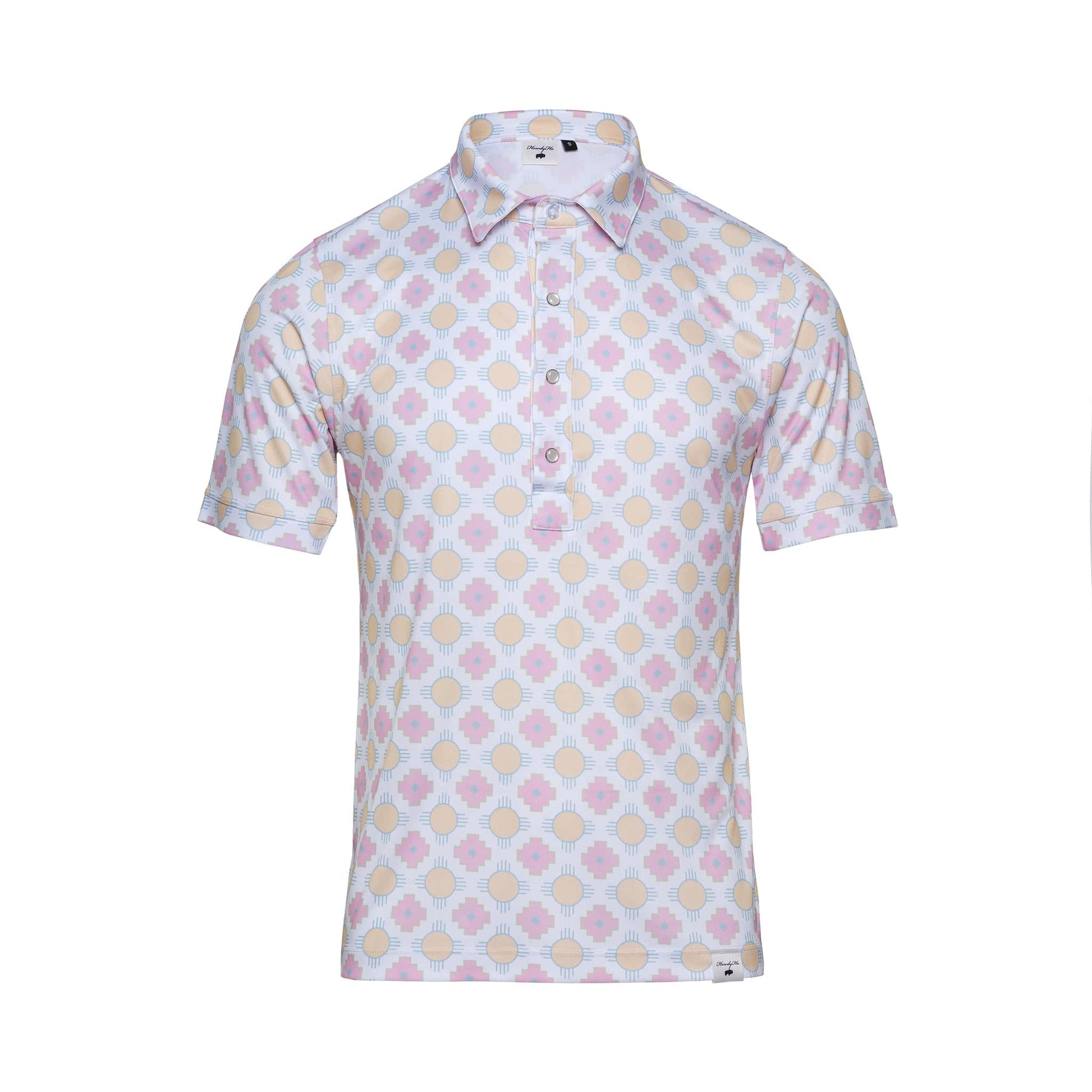 A HowdyHo Sunset Crossroads shirt is displayed against a white background, featuring a light-hearted pattern of pink and yellow sunbursts on a crisp white fabric. The shirt's short sleeves, classic collar, and front button closure make it a playful yet elegant choice for warm weather, embodying the laid-back spirit of a sunset in its design.