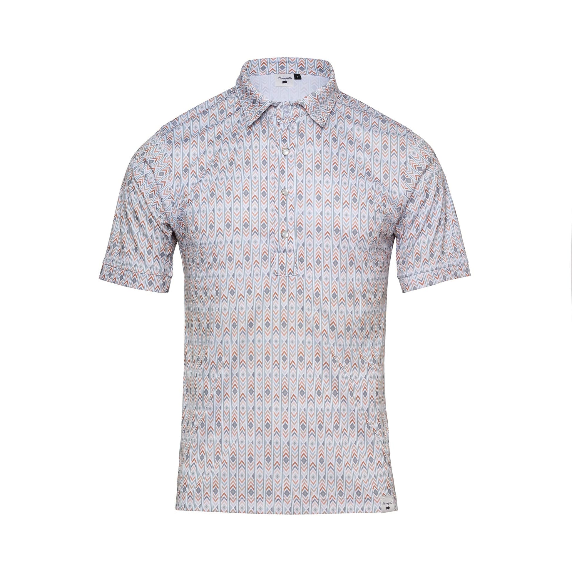 A stylish short-sleeved shirt with a vibrant Aztec-inspired print, featuring an array of geometric shapes in a cool color palette. The shirt has a neat button-up collar and is displayed against a pure white background. Ideal for a casual yet fashionable look, available at HowdyHo's online store.