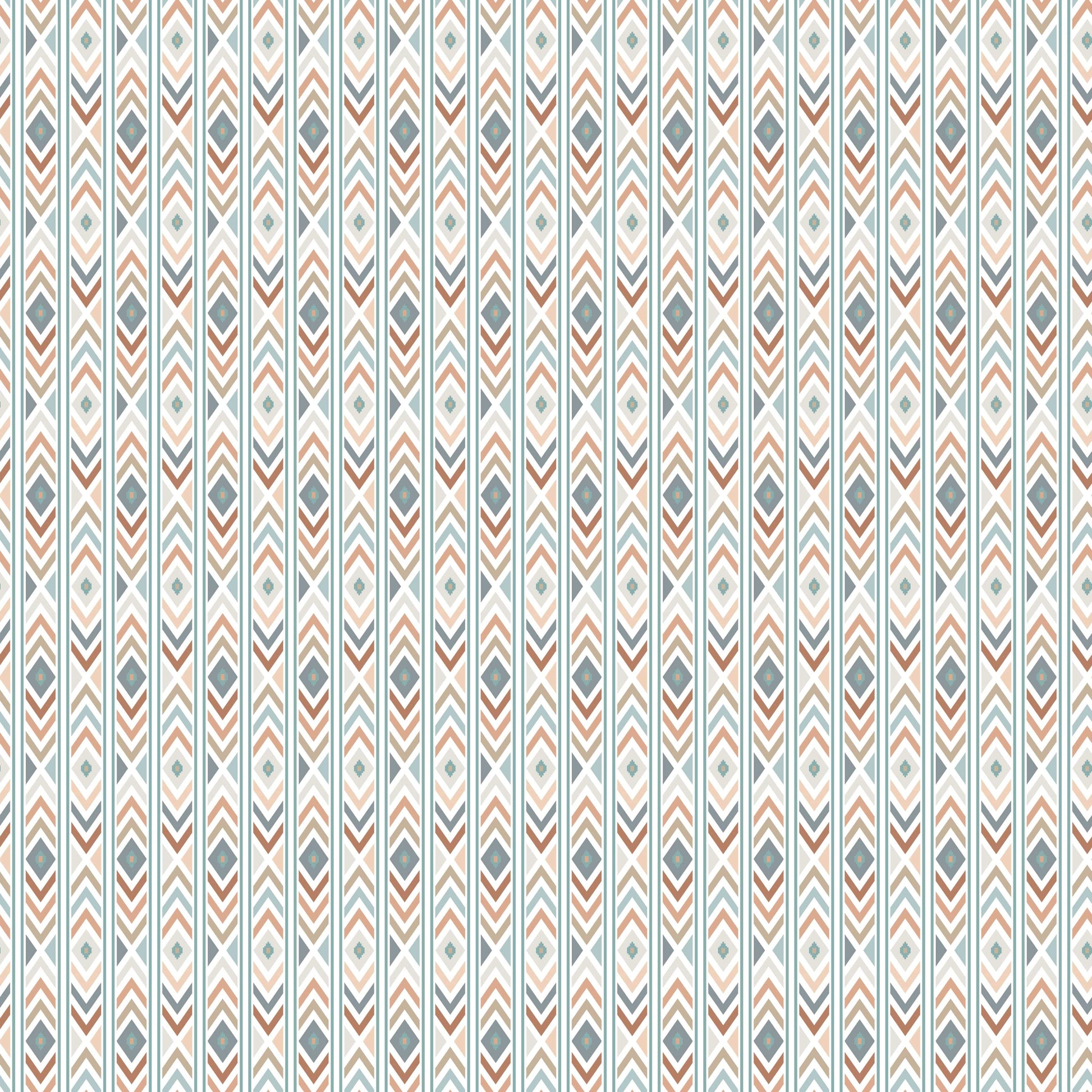 Close-up view of the distinctive Aztec Fusion fabric pattern available at HowdyHo, featuring vertical stripes with intricate geometric designs. The pattern includes a harmonious mix of muted tones that combine cream, soft browns, and blues, creating a sophisticated and timeless print for fashion-forward individuals.
