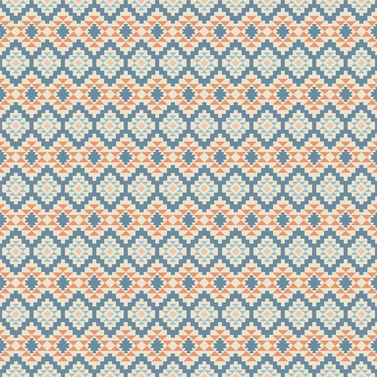 The Aztec Twilight pattern from HowdyHo showcases a vibrant and detailed Aztec-inspired print. The repeating geometric shapes in cool shades of blue are accented with warm orange touches, creating a visually striking design that evokes the beauty of twilight skies. This fabric design is perfect for adding a pop of color and cultural flair to any fashion collection.