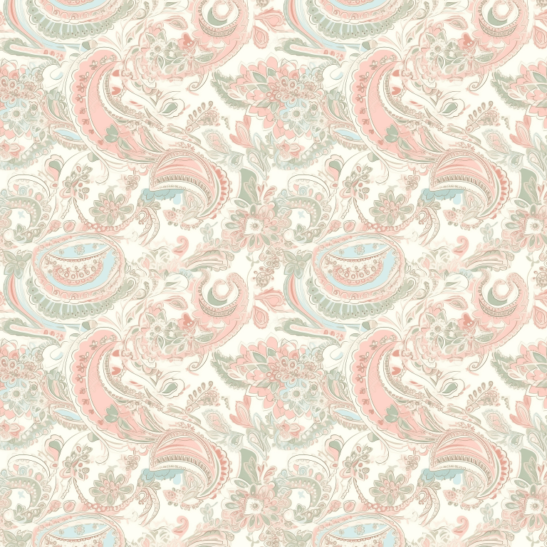 Close-up image of the 'Green Love Paisley' fabric pattern from howdy-ho.com, showing a detailed and lush paisley design with shades of green, pink, and soft beige. The elaborate pattern is filled with ornate swirls and floral motifs, creating a rich tapestry that combines classic style with a touch of modern elegance. This image allows online customers to appreciate the intricate design and color palette that make up this fashionable garment.