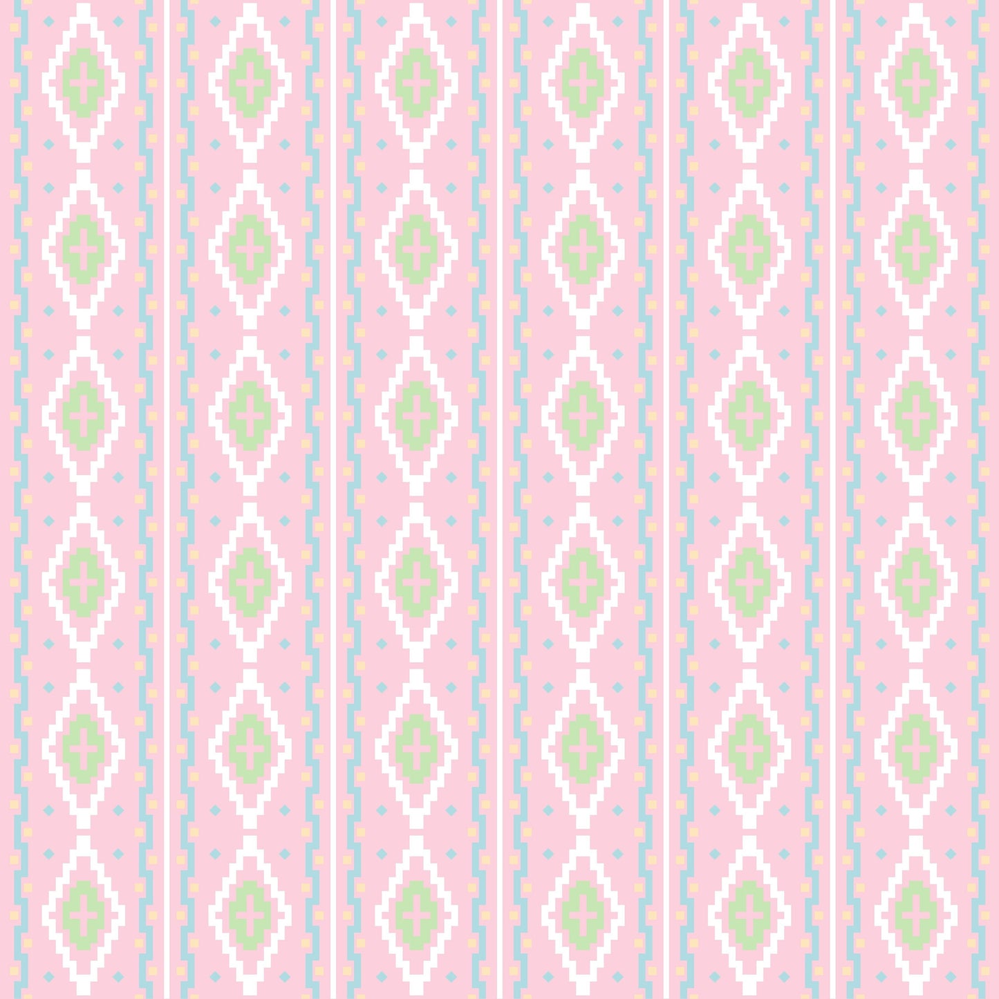 Detailed view of the Rose Quetzal fabric from HowdyHo, displaying a charming vertical striped pattern with delicate diamond and floral motifs in soft pink, green, and white hues, set against a pale pink background. This textile pattern exudes a vintage-inspired charm, ideal for a unique and fashionable clothing piece.