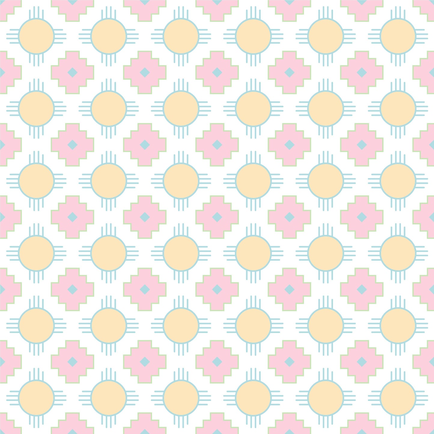 The Sunset Crossroads pattern from HowdyHo displays an inviting array of soft pink crosses and radiant yellow suns on a gentle white background. This fabric design captures the soothing colors of a sunset, ideal for creating a tranquil and stylish garment suitable for the HowdyHo casual wear line.