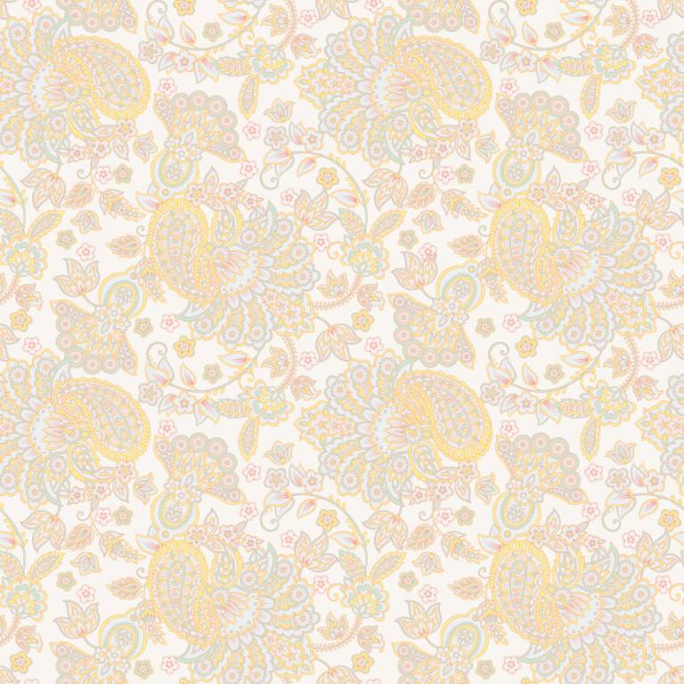 Zoomed-in view of HowdyHo's Sunshine Paisley fabric pattern, highlighting the robust and detailed design of intertwining paisleys and florals. The print features a strong yet balanced color scheme of warm yellows, soft greys, and hints of pastel tones on a light background, embodying a masculine and traditional aesthetic with a modern twist.